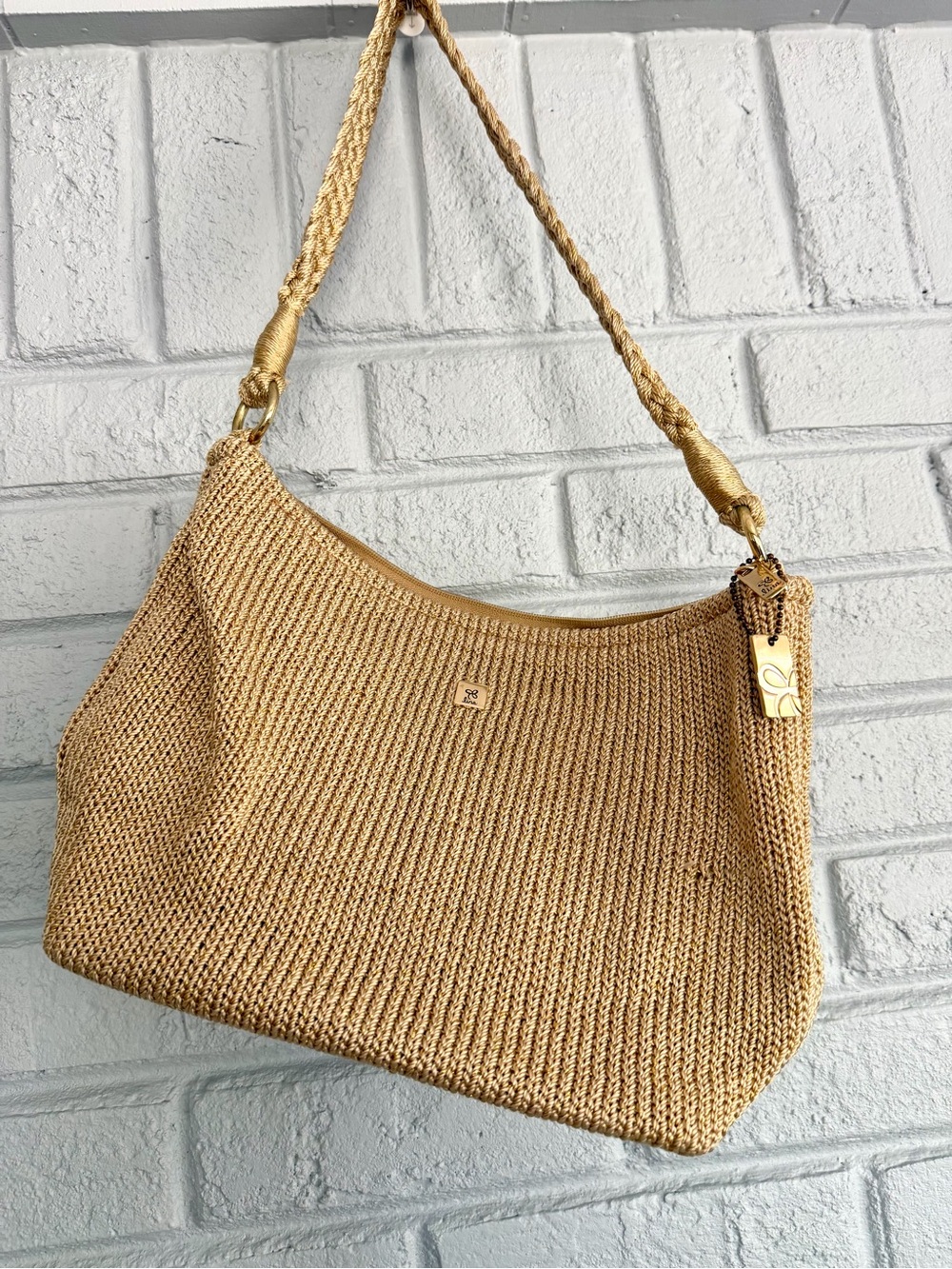 Lina Braided Straw Shoulder Bag in Tan with Gold Accents